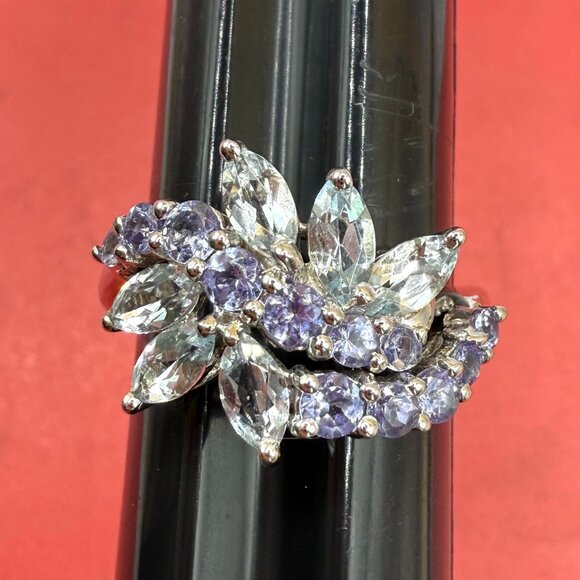 Glamorous Blue Topaz Purple Amethyst Sterling Silver Cocktail Gems Ring Size 8 - Picture 9 of 12
